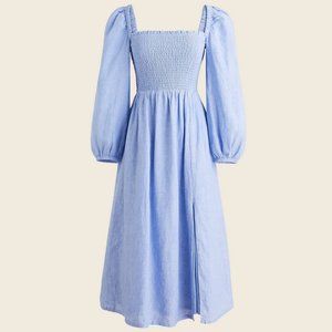 Smocked blue linen dress J. Crew NWT